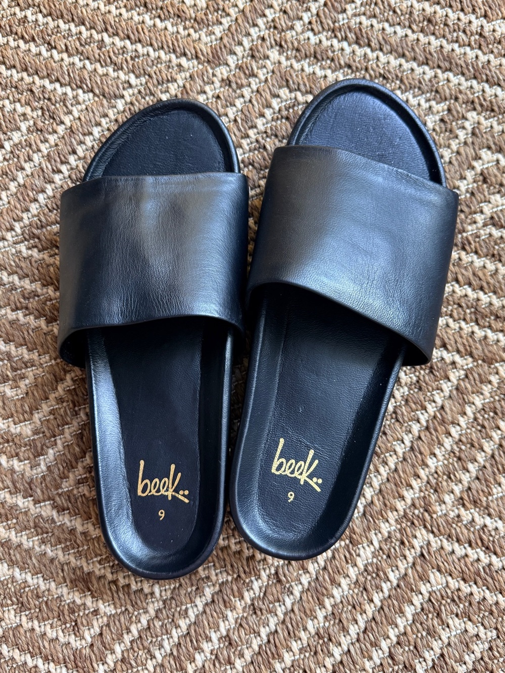 beek Black Leather Slide Sandals with Gold Logo